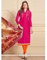 Hot Pink Embroidered Work Churidar Suit