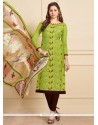 Green Embroidered Work Cotton Churidar Suit