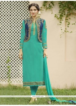 Faux Georgette Sea Green Embroidered Work Jacket Style Suit