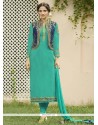 Faux Georgette Sea Green Embroidered Work Jacket Style Suit