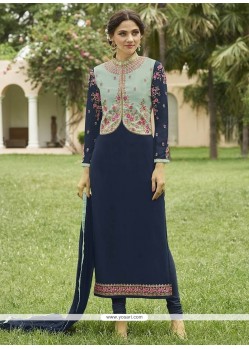 Navy Blue Embroidered Work Faux Georgette Jacket Style Suit