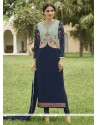 Navy Blue Embroidered Work Faux Georgette Jacket Style Suit