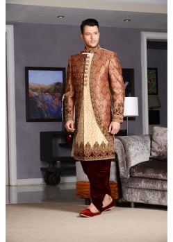 Maroon Banarasi Silk Dhoti Style Sherwani