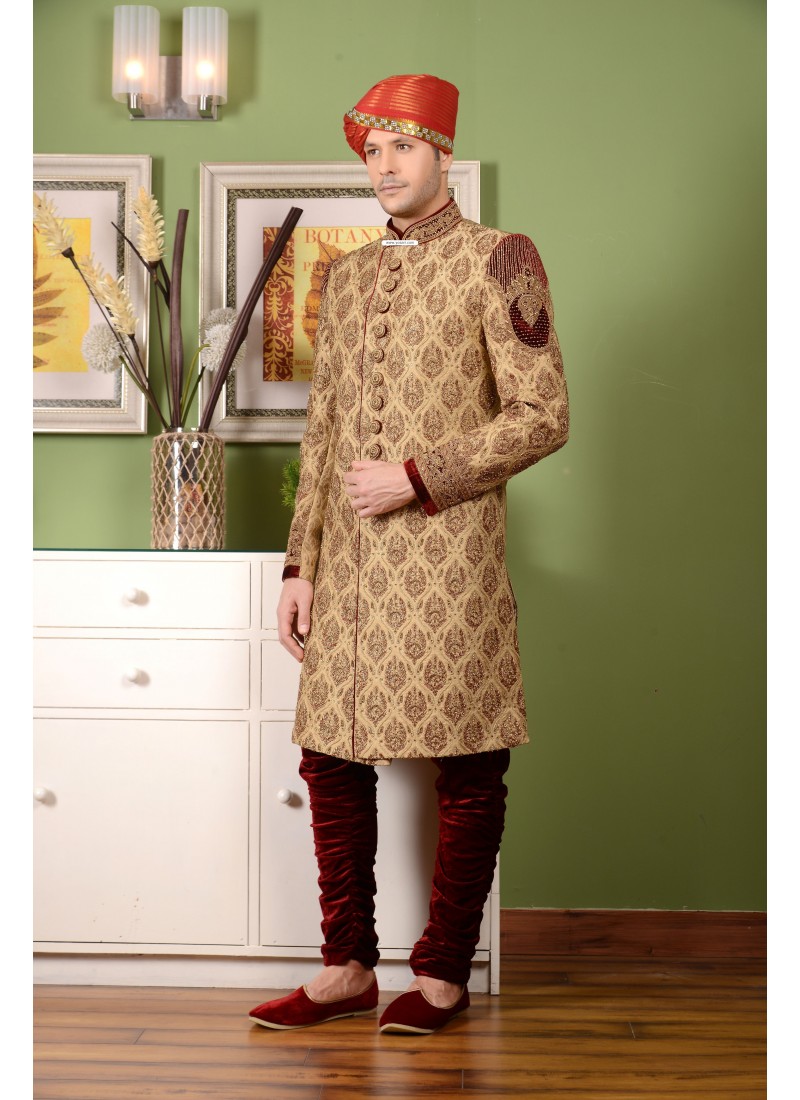 Outstanding Golden Jaquard Embroidered Sherwani