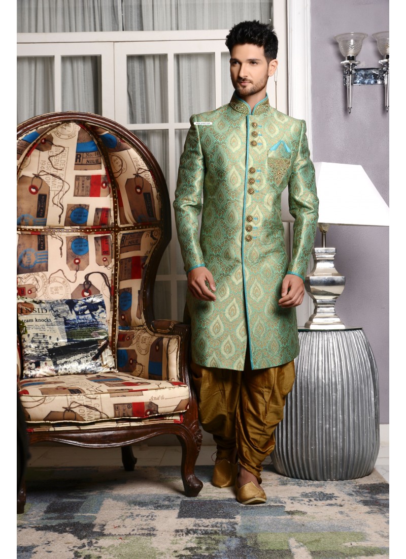 Outstanding Green Jaquard Embroidered Sherwani