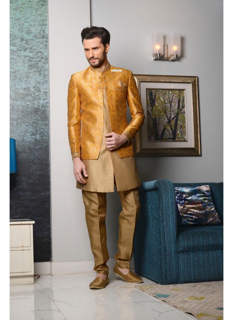 Outstanding Yellow Brocade Designer Sherwani