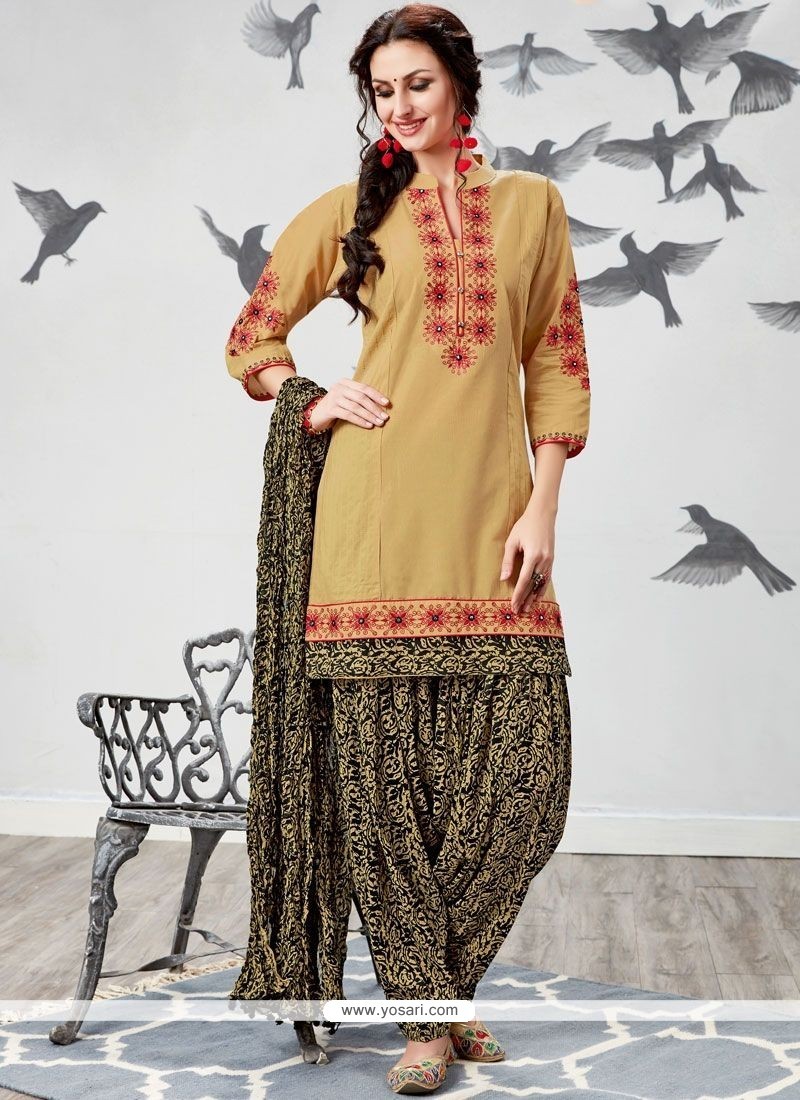 Cotton Beige Print Work Punjabi Suit