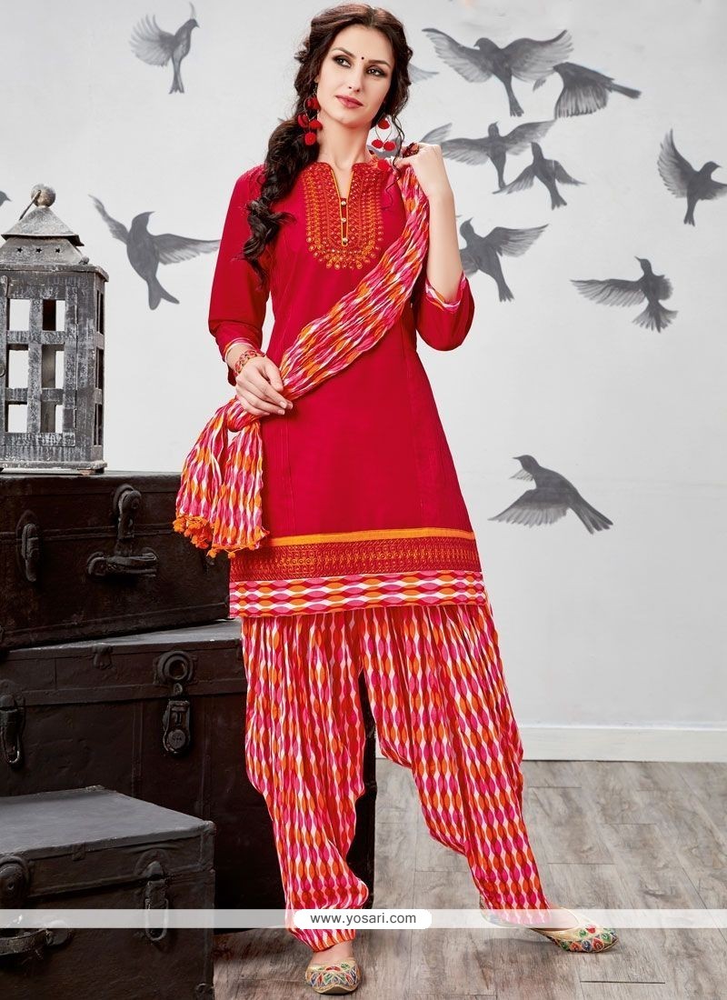 Buy Embroidered Work Chanderi Cotton Red Punjabi Suit | Punjabi ...