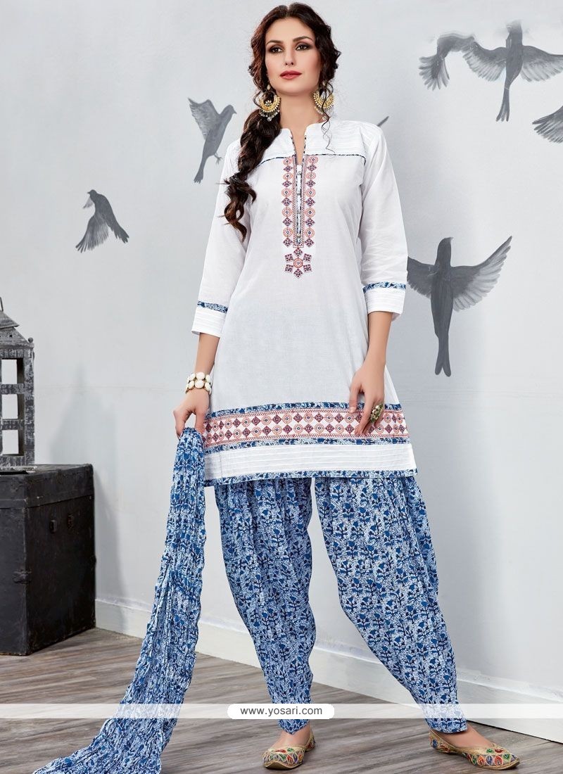White Print Work Cotton Punjabi Suit