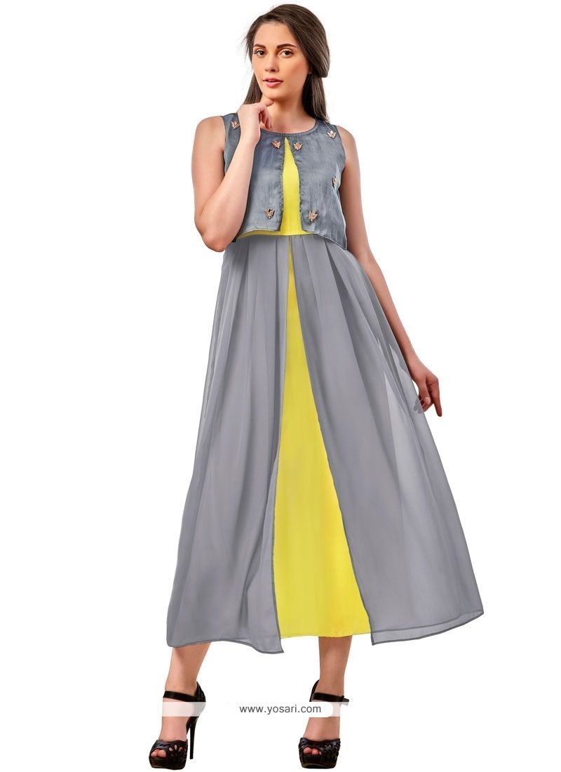 Grey And Yellow Poly Cotton Party Wear Kurti