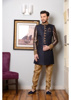 Classic Blue Jacquard Churidar Sherwani