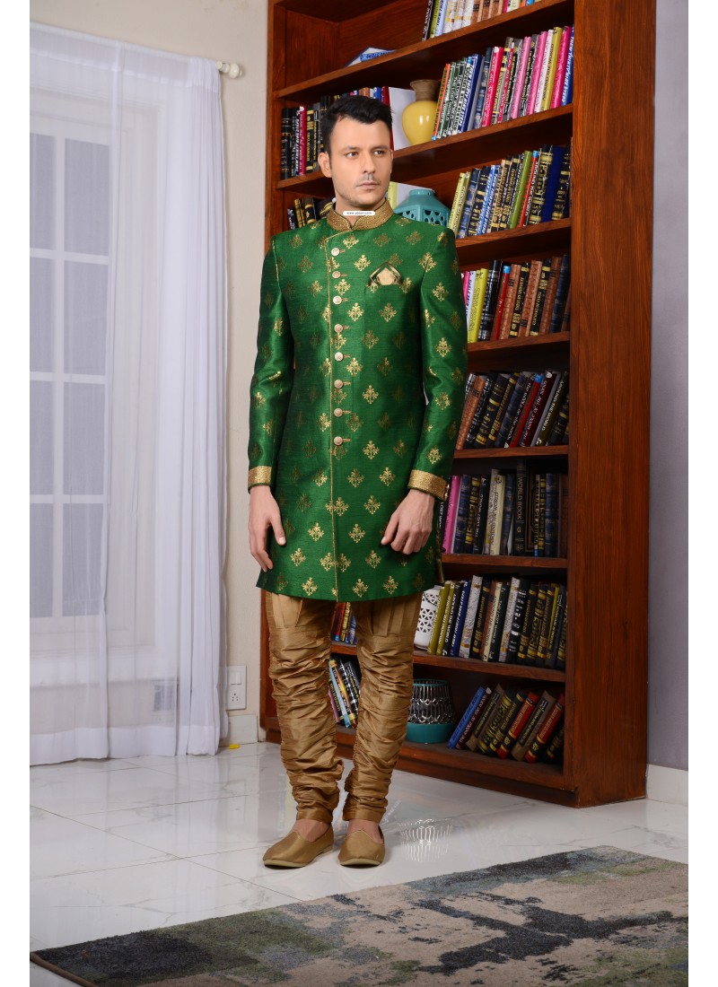Astonishing Green Banarasi Silk Churidar Sherwani