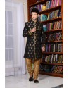 Flattering Black Banarasi Silk Stylish Sherwani