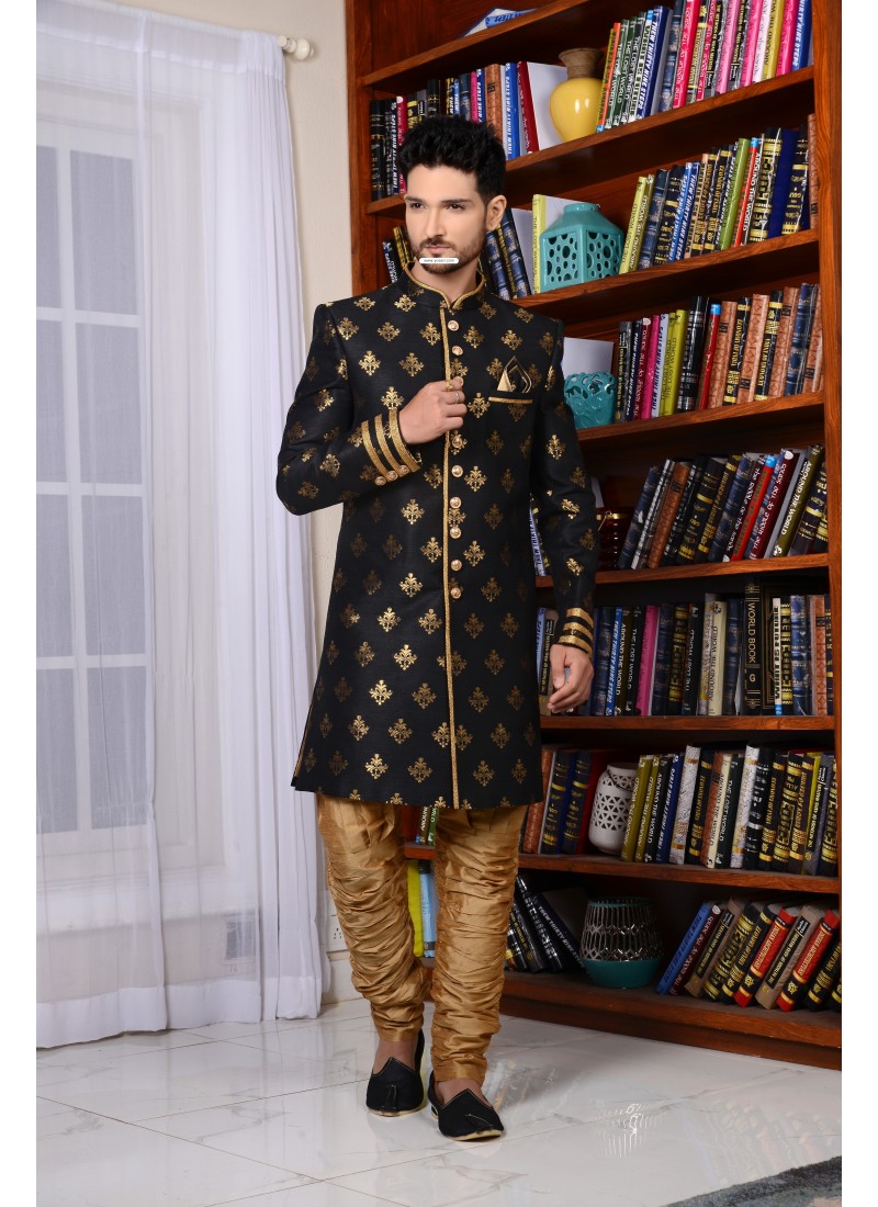 Flattering Black Banarasi Silk Stylish Sherwani