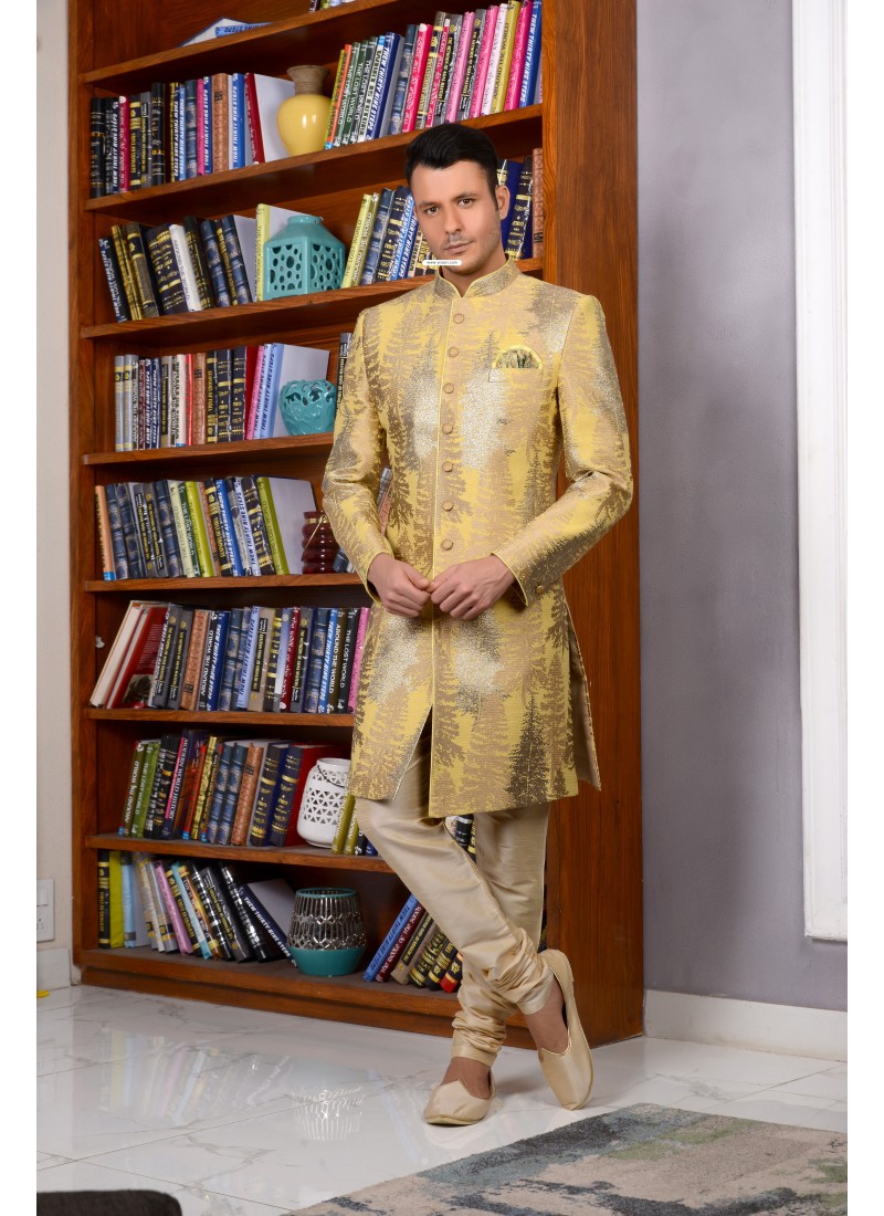 Outstanding Golden Banarasi Silk Churidar Sherwani