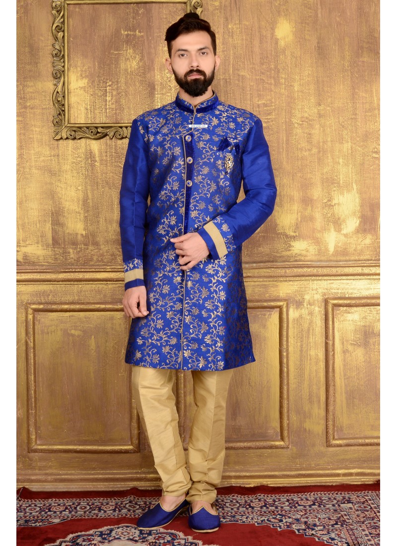 Incredible Blue Jacquard Embroidered Sherwani