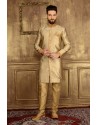 Eye-catching Golden Jacquard Churidar Sherwani