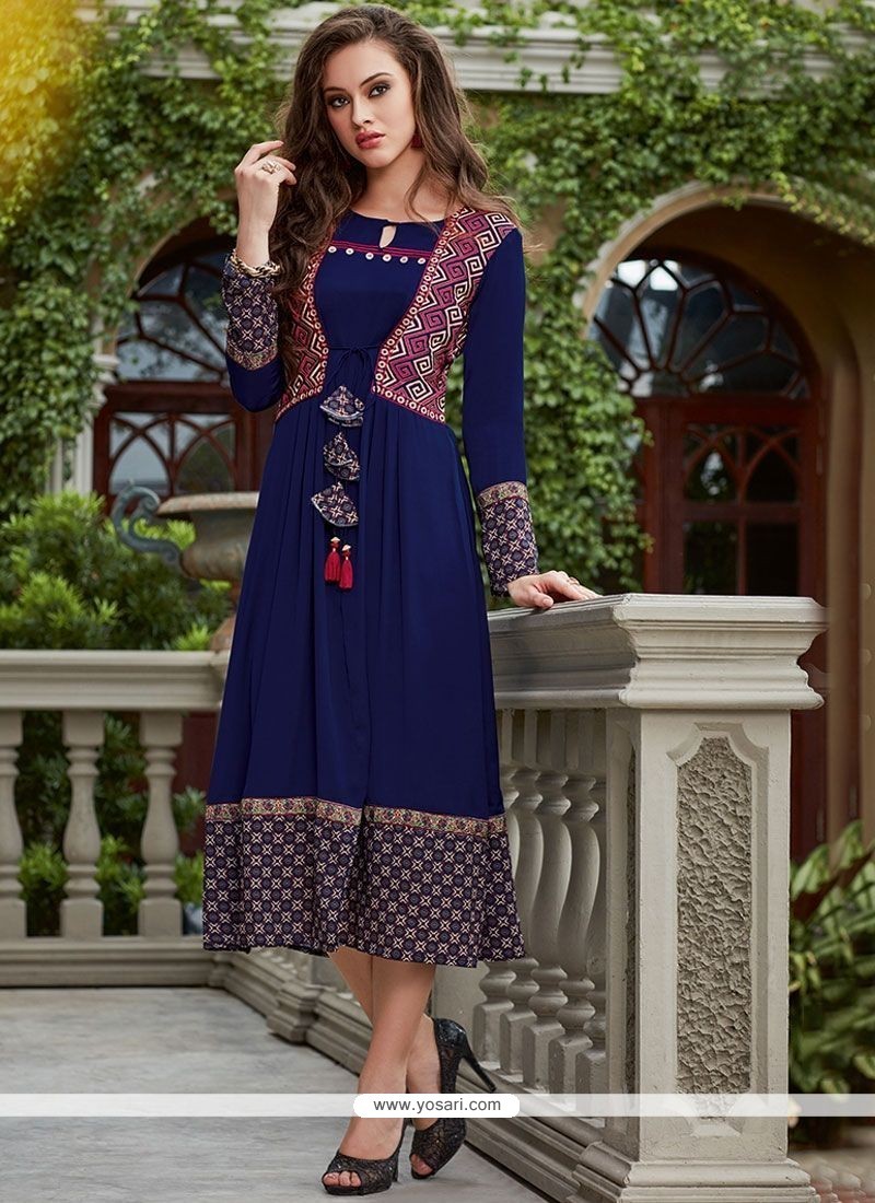 Blue Embroidered Work Party Wear Kurti