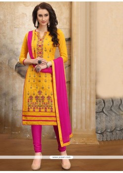 Yellow Embroidered Work Cotton Satin Churidar Designer Suit