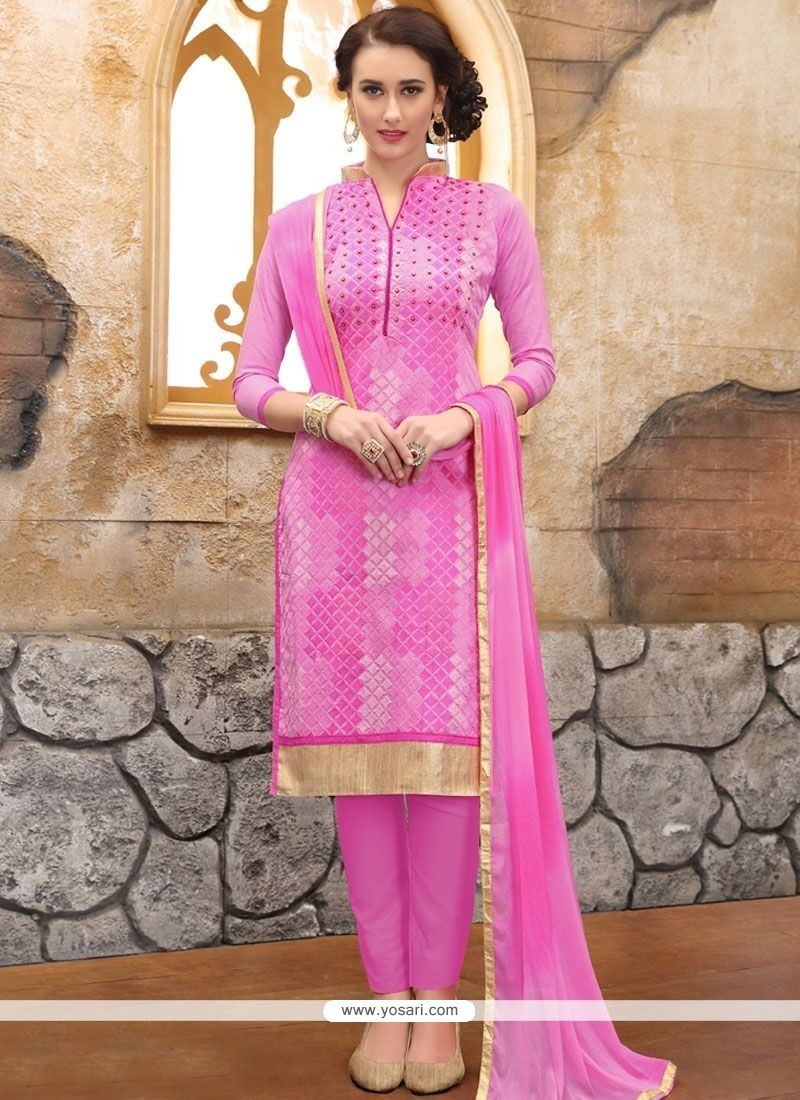 Pink Embroidered Work Cotton Satin Churidar Designer Suit