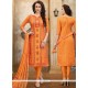 Embroidered Work Orange Cotton Satin Churidar Designer Suit