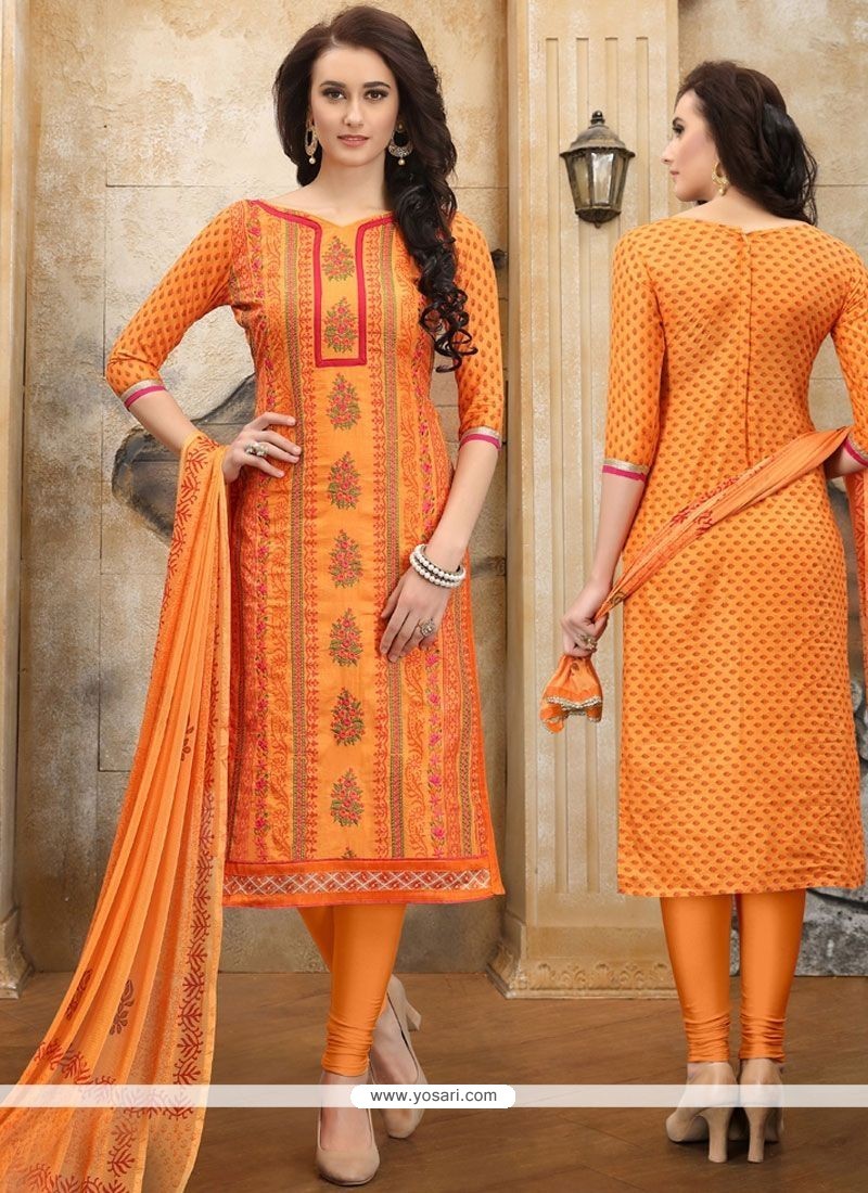 Embroidered Work Orange Cotton Satin Churidar Designer Suit