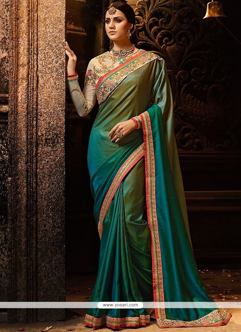 Embroidered Work Green Fancy Fabric Shaded Saree
