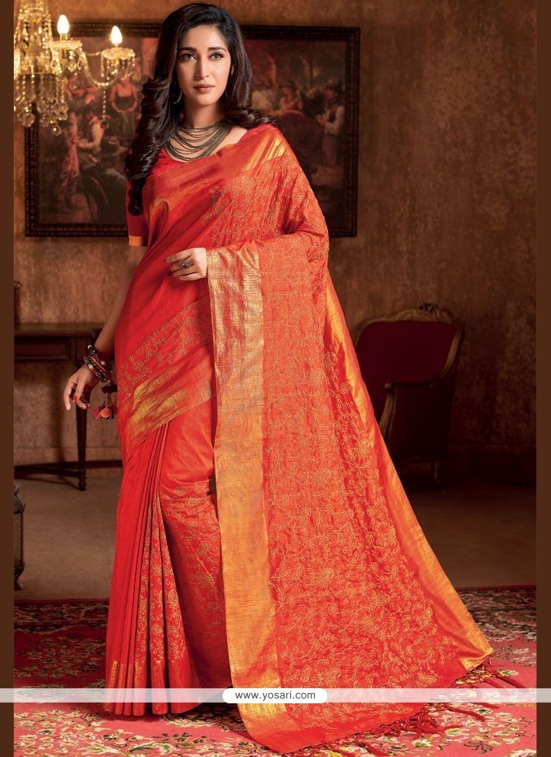 Woven Crepe Silk Traditional Designer Saree In Orange