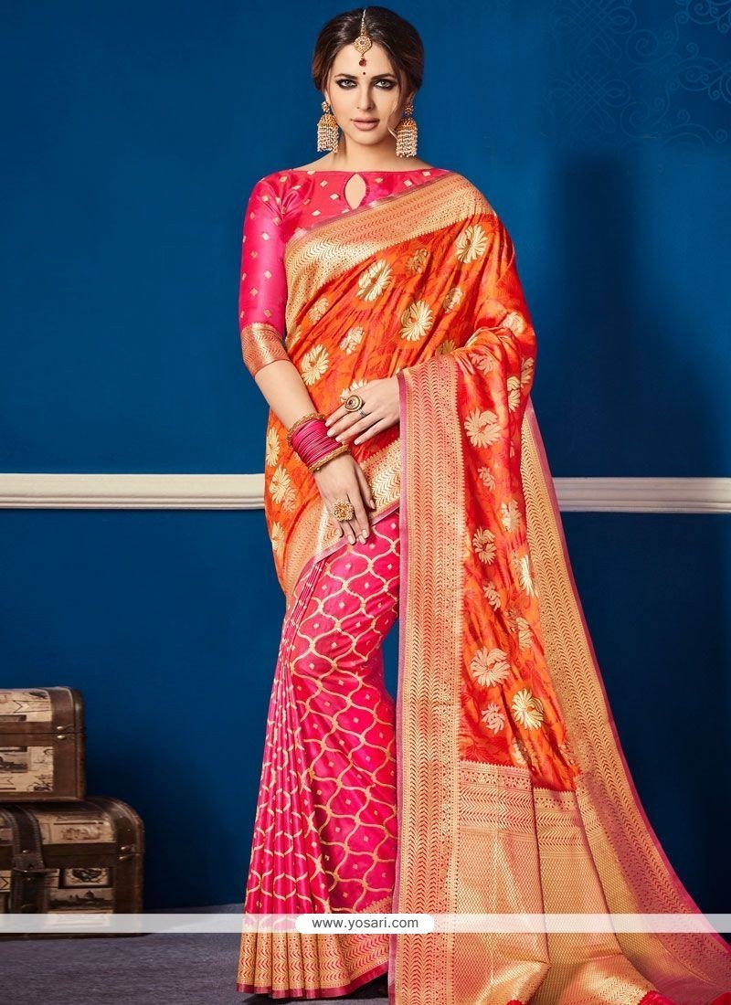 Art Silk Hot Pink And Orange Weaving Work Designer Traditional Saree