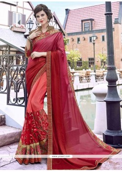Peach And Red Embroidered Work Shaded Saree
