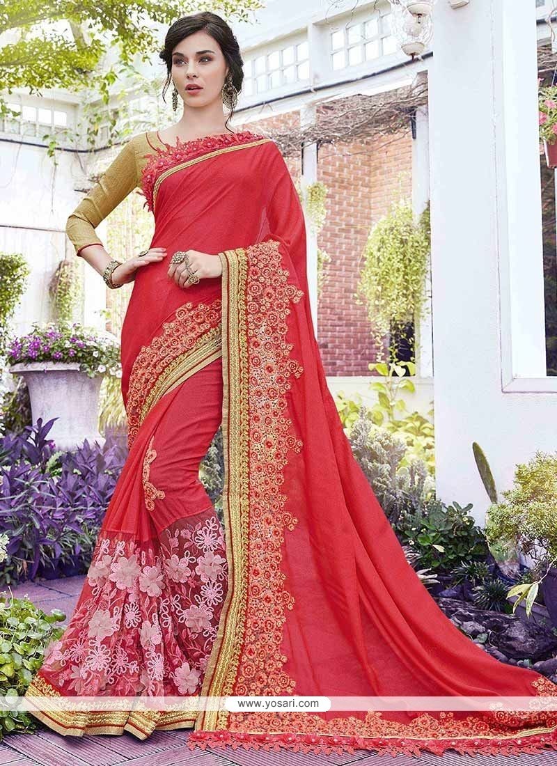 Pink Embroidered Work Faux Georgette Classic Saree