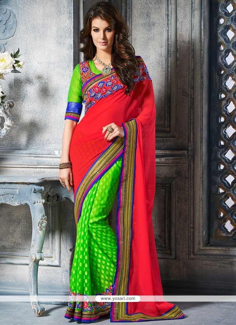 Eyeful Red And Green Art Silk Designer Saree