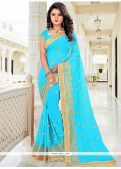 Turquoise Embroidered Work Classic Saree