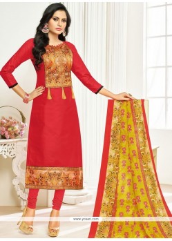 Chanderi Cotton Red Paisley Print Work Churidar Suit