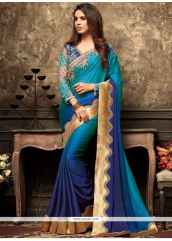 Faux Georgette Blue Patch Border Work Shaded Saree