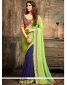 Embroidered Work Green And Navy Blue Faux Georgette Designer Half N Half Saree