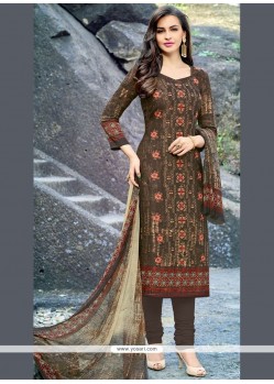 Cotton Satin Brown Print Work Churidar Designer Suit