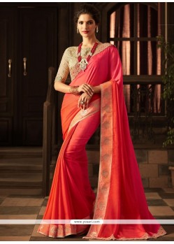 Peach And Pink Embroidered Work Art Silk Designer Traditional Saree