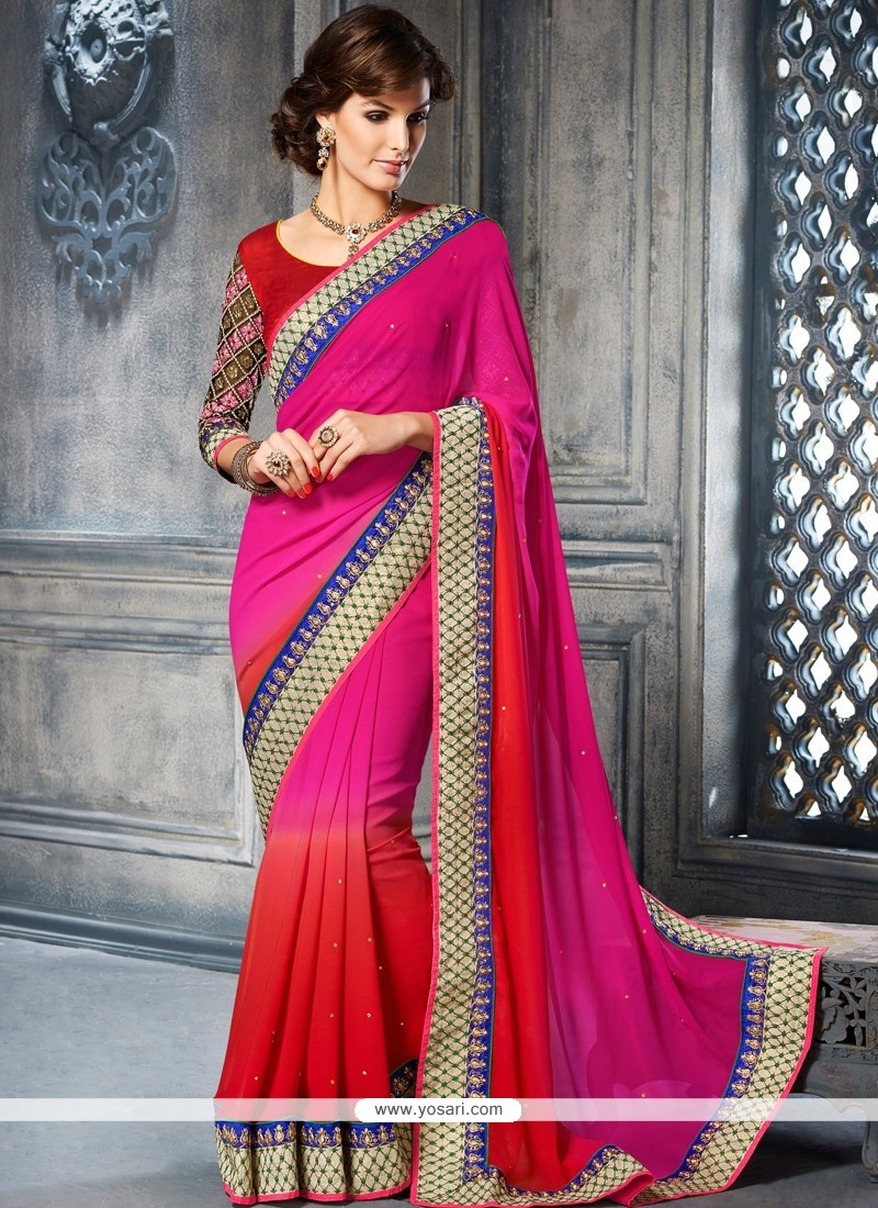 Flawless Pink And Red Georgette Designer Saree