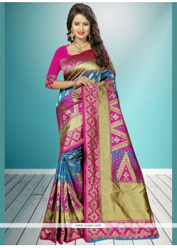 Blue And Hot Pink Weaving Work Designer Traditional Saree