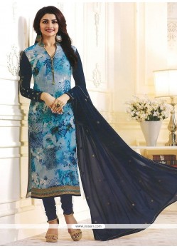 Prachi Desai Blue Faux Georgette Lace Work Churidar Designer Suit