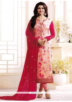 Prachi Desai Faux Georgette Lace Work Pink Churidar Designer Suit