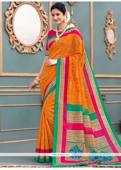 Orange Print Work Art Silk Traditional Designer Saree