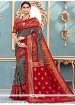 Grey And Red Art Silk Traditional Saree