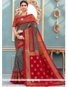 Grey And Red Art Silk Traditional Saree