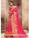 Hot Pink Patch Border Work Jacquard Silk Traditional Designer Saree