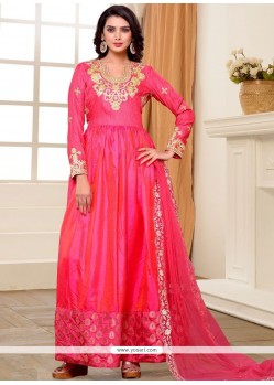Lace Work Hot Pink Art Silk Floor Length Anarkali Suit