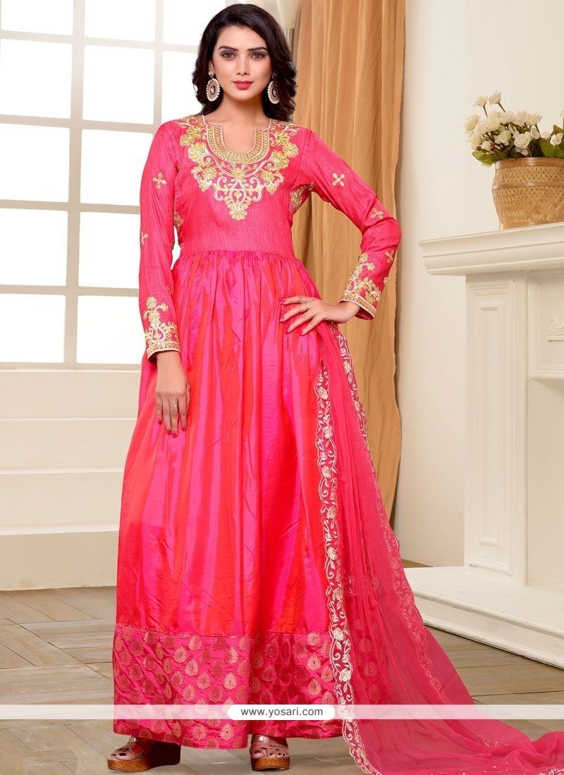 Buy Lace Work Hot Pink Art Silk Floor Length Anarkali Suit | Anarkali Suits