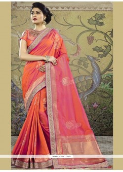 Orange And Pink Patch Border Work Art Silk Traditional Designer Saree