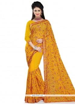 Yellow Patch Border Work Faux Georgette Designer Saree